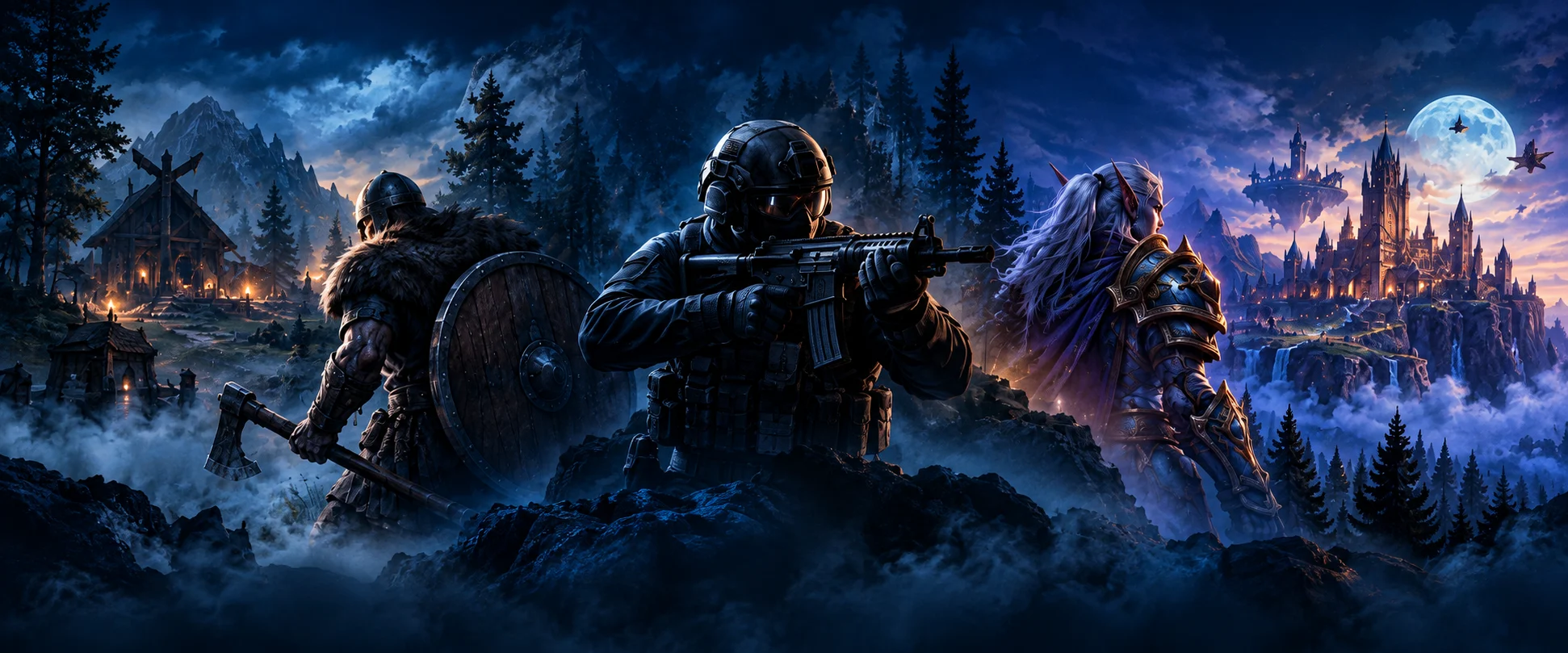Valheim Viking on the left, Counter-Strike tactical soldier in the center, and fantasy warrior on the right in a cinematic Nordic and fantasy landscape.
