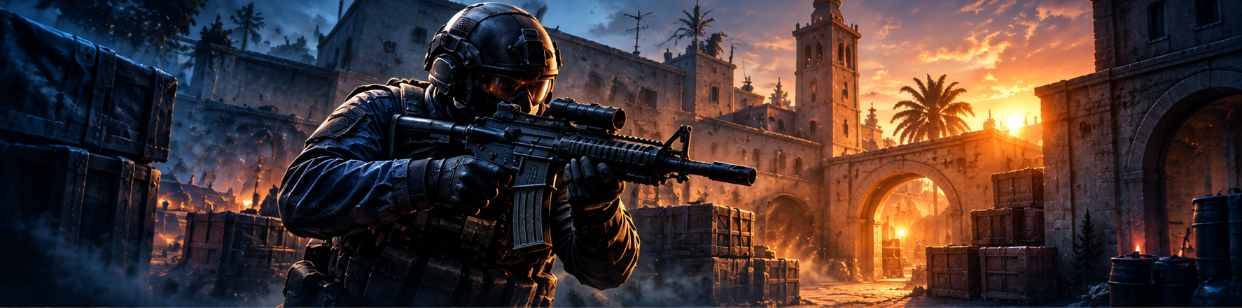 Counter-Strike tactical soldier in a stone-built competitive FPS environment, with blue shadows and orange sunset lighting.