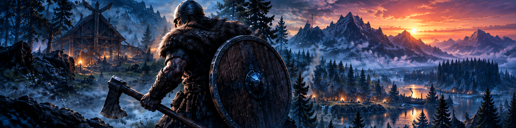 Viking warrior holding a shield and axe overlooking a misty Nordic village, forest and mountains at sunset.